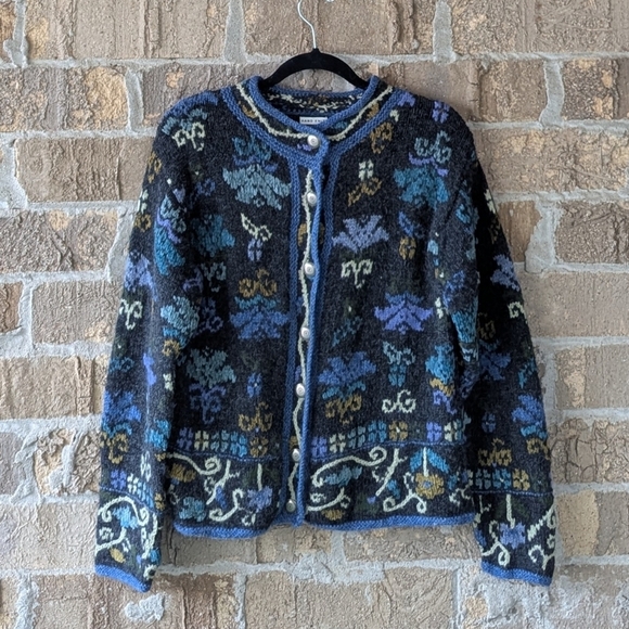 VTG 90s Jillian Jones Hand Knit Floral Wool Button Front Cardigan Size Small - Picture 6 of 6